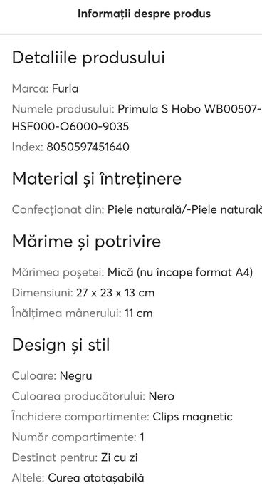 Geantă Primula S Hobo WB00507-HSF000-O6000-9035 Negru