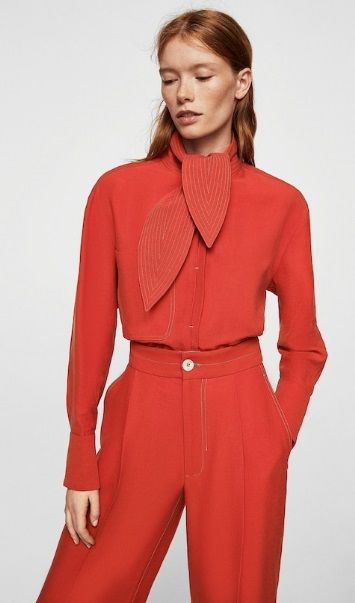 Pantaloni + Camasa MANGO superb elegant ROSU - Bluza chic guler petale