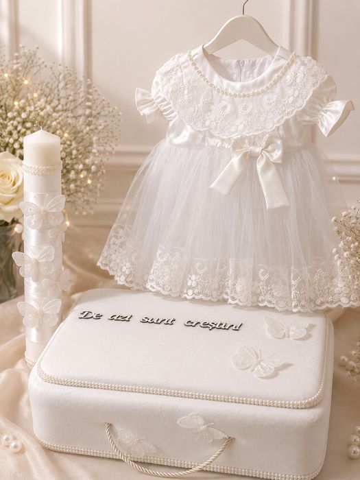 Set trusou de botez complet + rochita de botez + lumanare de botez