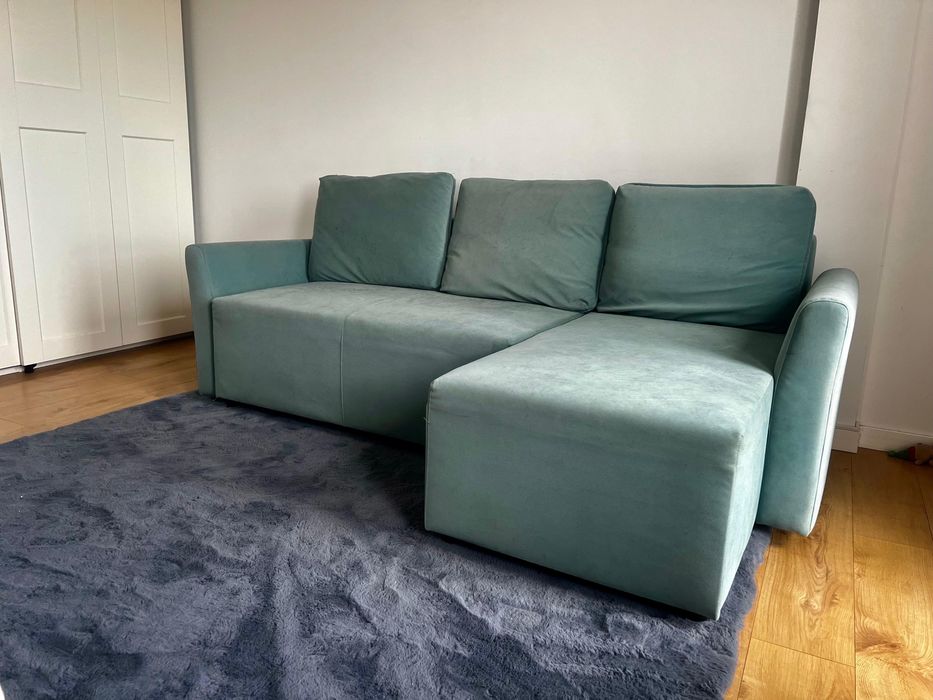 Canapea turcoaz extensibilă cu șezlong și ladă de depozitare