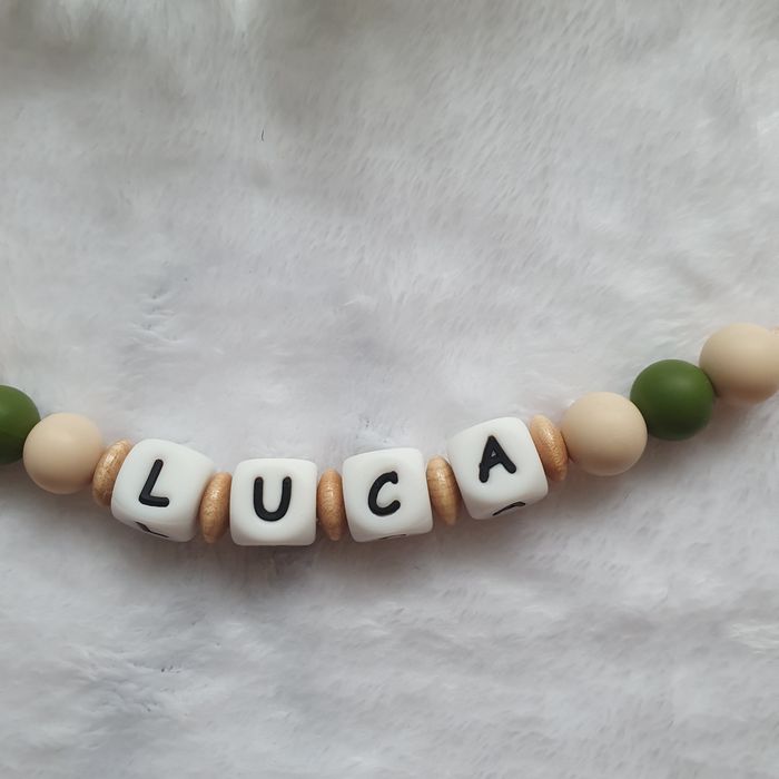 Lanț suzetă personalizat bebe, silicon alimentar, nume LUCA