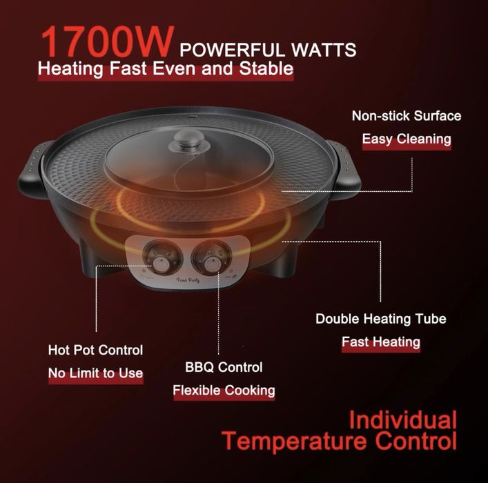 Grătar Electric și Hot Pot 2 în 1 Food Party – Nou, accesorii incluse