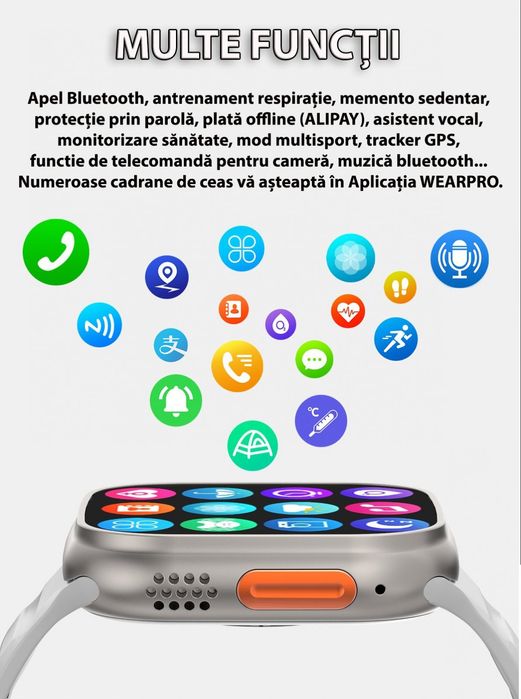 SmartWatch 1.99” cu Curea Extra, Apel Bluetooth, Încărcare Wireless, M