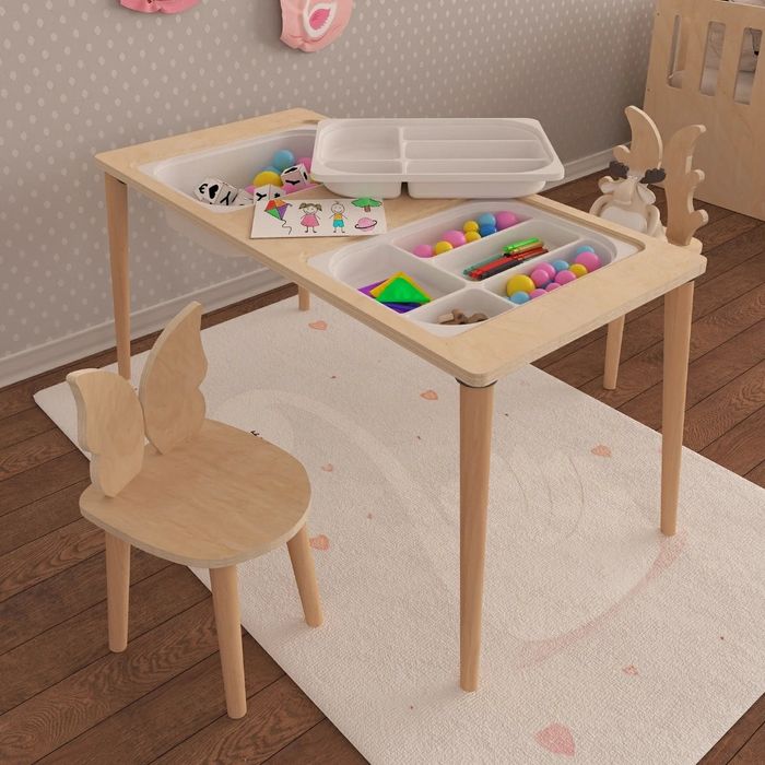 Детска маса в стил Монтесори, маса за дейности от естествено дърво