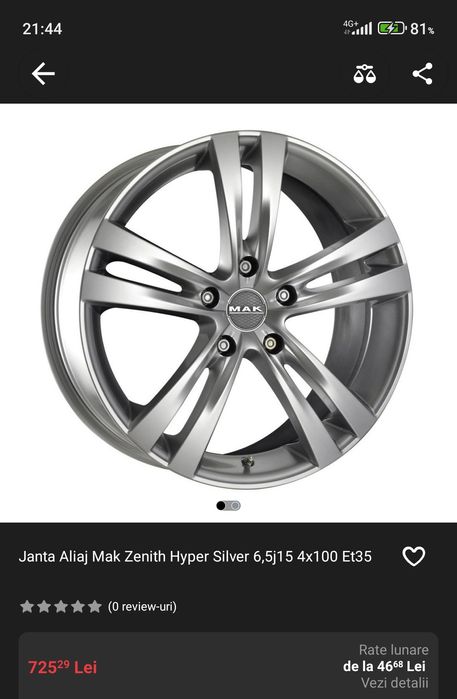 Set Jante Aliaj Mak Zenith Hyper Silver 6,5jx16H2 4x100 Et35