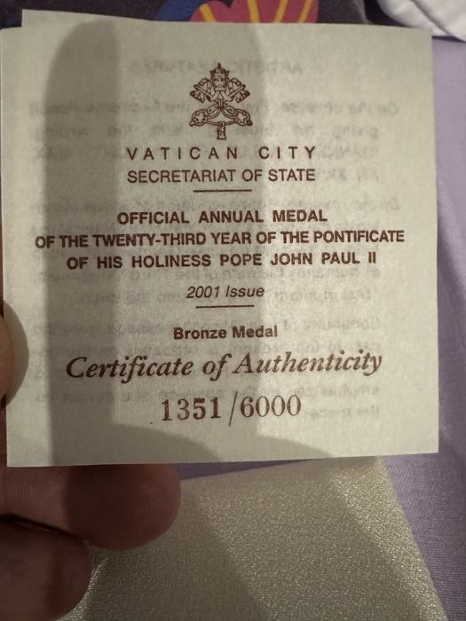 Официален годишен медал Ватикана – Папа Йоан Павел II – 2001 г