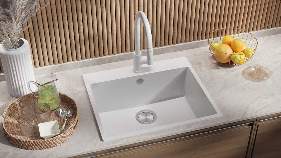 Бяла Кухненска Мивка от гранит модел Рига 60 XL 580 x 500 мм