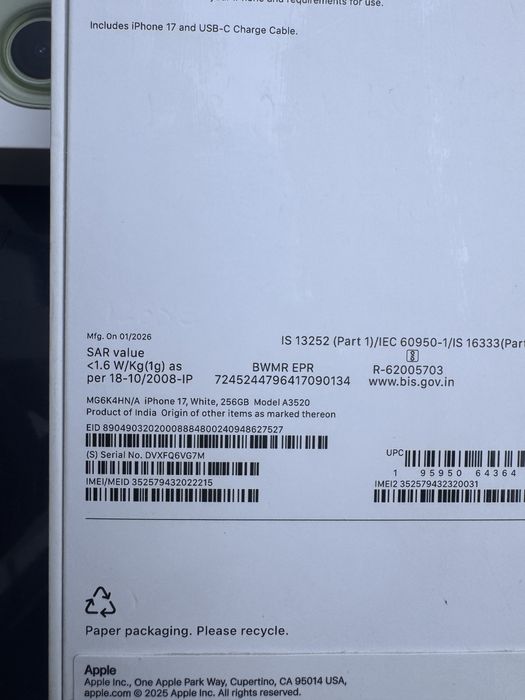 Iphone 17 white 256GB*Нов Неразопакован*