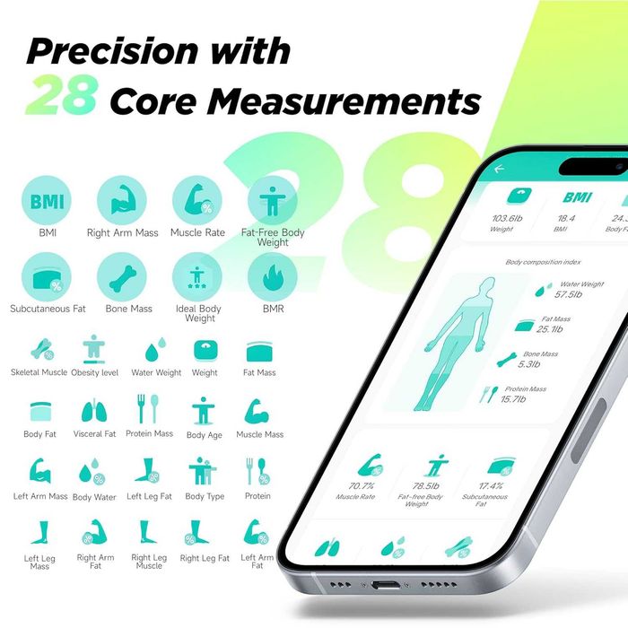 Cântar digital pentru baie cu 8 electrozi pentru greutate corporală și grăsime corporală, IMC, masă musculară și analiza a 28 de parametri corporali
