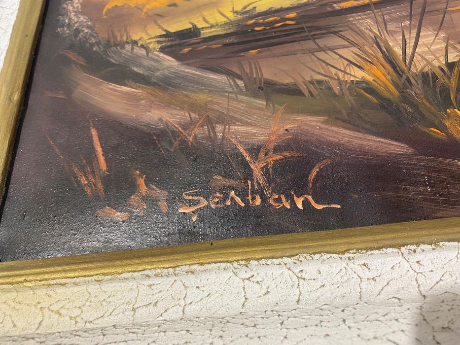 Tablou cu Ramă din Lemn 115x86 cm, Ulei pe Pânză; Peisaj Rustic Delta