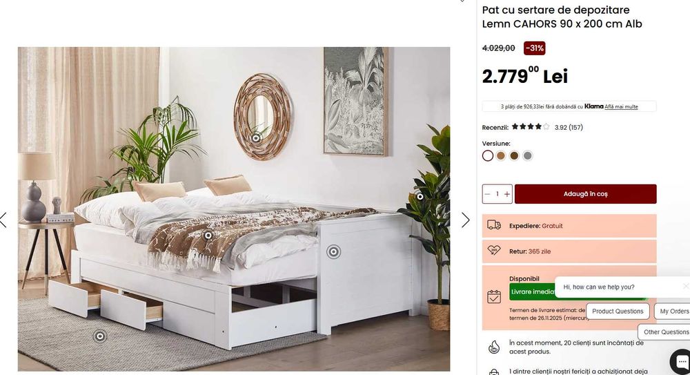 Pat extensibil cu sertare de depozitare 90x200 alb