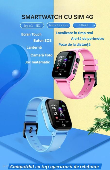 Ceas GPS Localizare Copii. SIM 4G. Apel/Mesaje/Foto/Lanternă/SOS.
