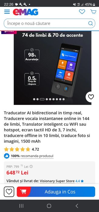 Traducător Translator inteligent cu WIFI sau hotspot, ecran tactil HD