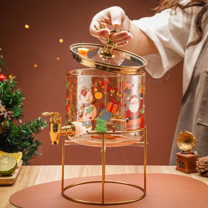 Стъклен диспенсър за напитки 2.6 L с коледен дизайн и златиста стойка.