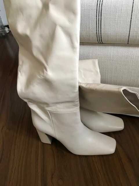 Zara cizme piele naturala tubice bej toc mic peste ghenunchi