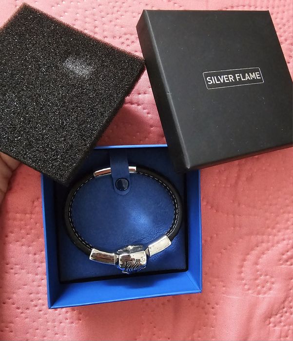 Мъжка гривна от естествена кожа, сребро и стомана