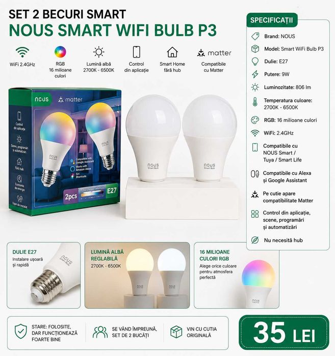 Set 2 becuri smart NOUS P3 WiFi E27 RGB, 9W, Tuya, Matter, smart home
