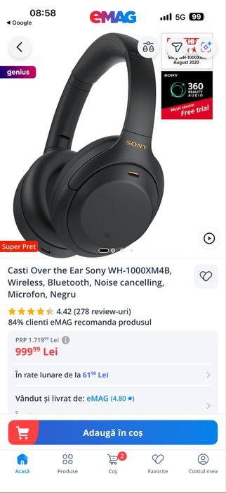 Casti wireless sony WH-1000XM4B