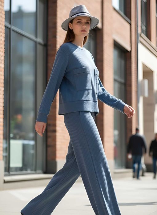 Дамски комплект блуза и панталон „Синя кадифена мекота“ – елегантен сет с ластик и сатенен акцент XS–S