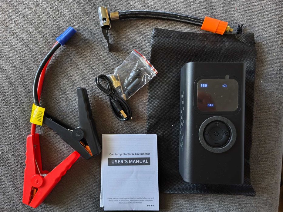 Авариен мобилен стартер (Jump Starter), компресор и външна батерия, LED светлина с 3 режима 4 в 1, различни накрайници за помпане, 5000А, 10ATM, НОВ!