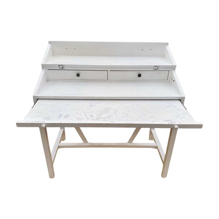 Birou alb din lemn masiv; Banc de lucru cu glisiera si sertare; Masa