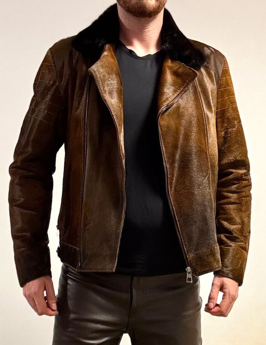 Мъжко яке от естествена кожа с косъм от пони и яка от норка