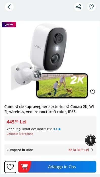 Camera de supraveghere exterioară Cooau 2K nouă, cu conectivitate wire