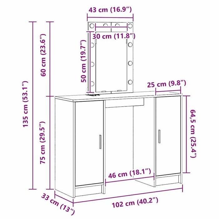 Masă de toaletă maro 102 x 33 x 135 cm lemn stratificat VidaXL