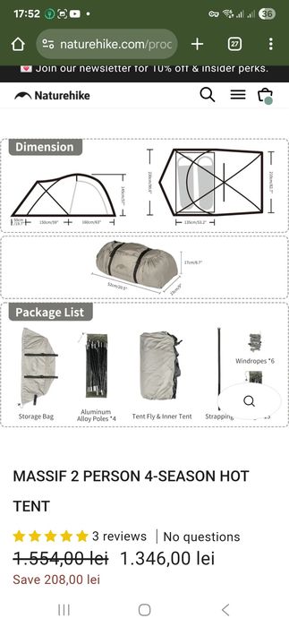 Vând cort Naturehike Massif  2 persoane 4 season Hot tent  NOU.