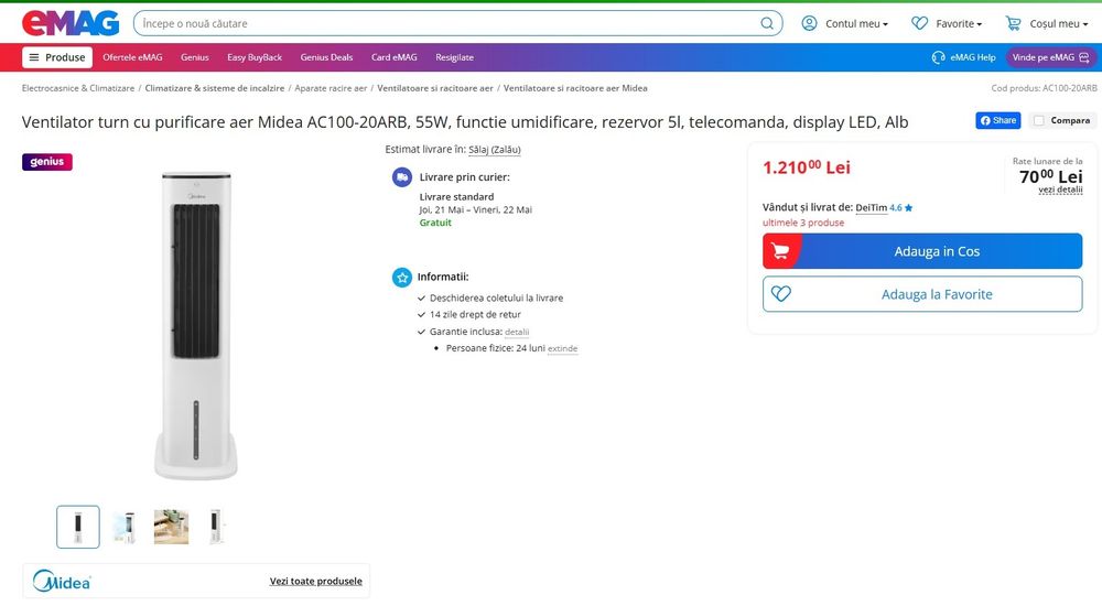 Aer condiționat - Ventilator turn cu purificare aer Midea AC100-20ARB