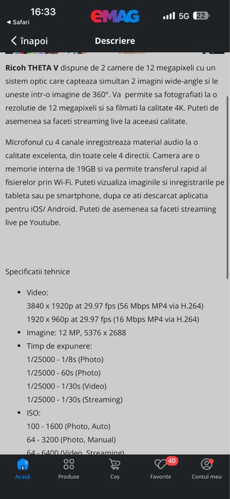 Ricoh Theta V 4K Spherical 360 Degrees VR Camera