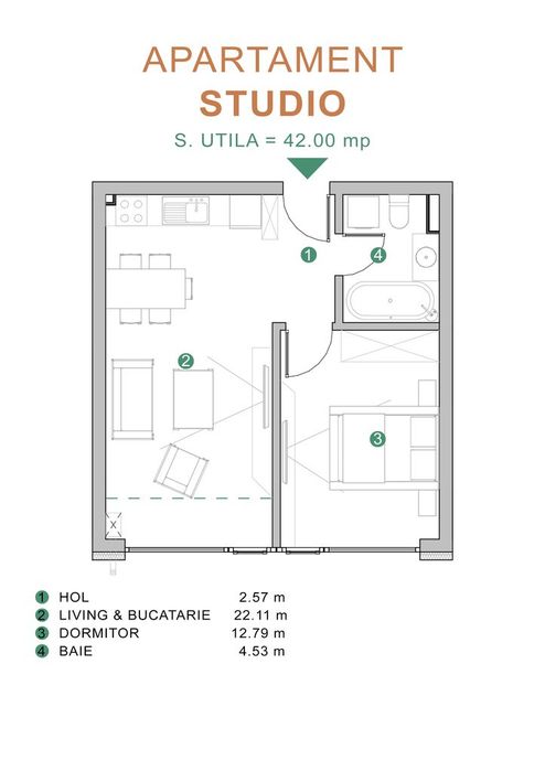 Studio | 42 mp | Bloc nou | Finisat complet | TVA inclus