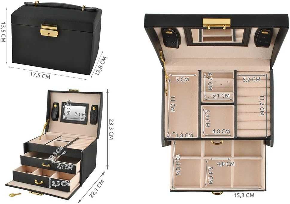 Cutie de bijuterii cu 20 compartimente incuietoare cu cheie si oglinda