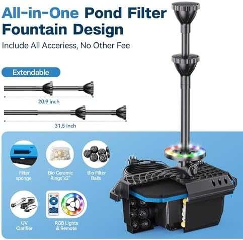 Нова Филтърна помпа за градинско езеро 4600 л/ч UV светлина 3 накрайника 5м кабел