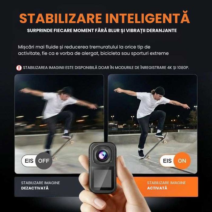 Camera Video Actiune Corporala, 5k (stabilizare EIS 6 axe, ecran LCD), 4K, 2,7k) conectare wi-fi accesorii prindere bicicleta