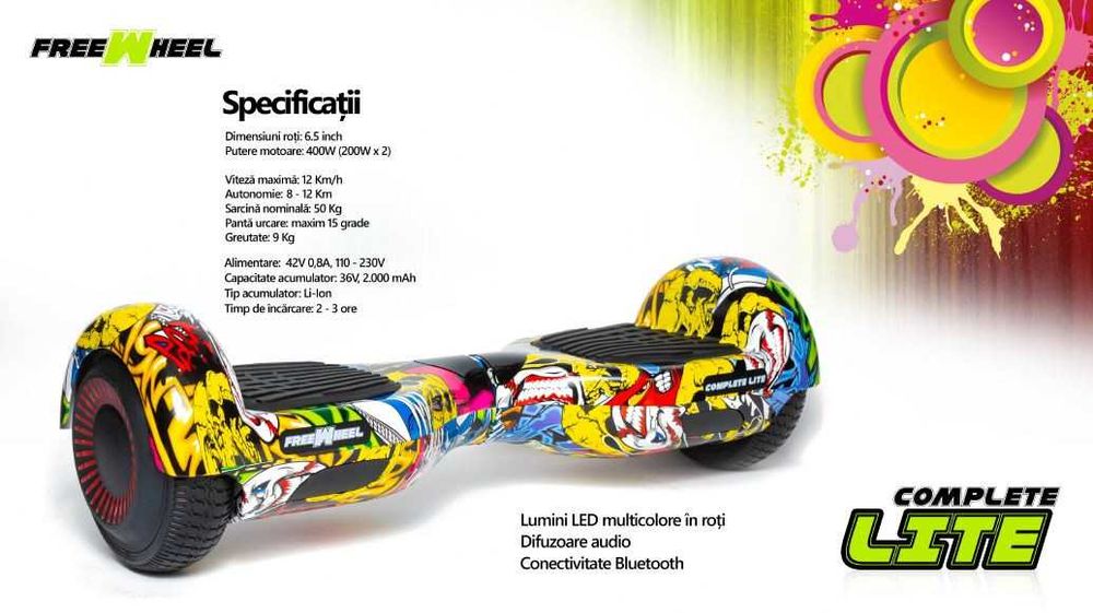 Hoverboard Freewheel Complete Autonomie 8-12 Km, BT, LED, Difuzoare