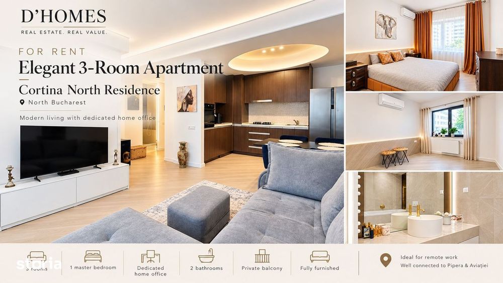 For Rent | Elegant 3-Room Apartment | Home Office | Cortina North