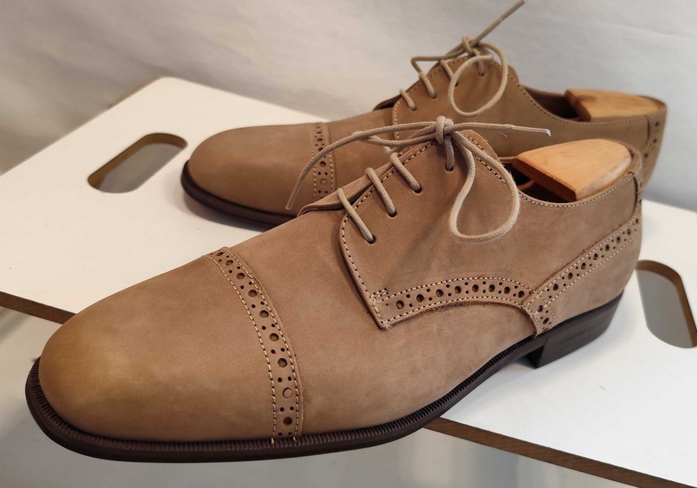Pantofi derby de lux 44 lucrati manual STEFANO NOI piele naturala nappa camel