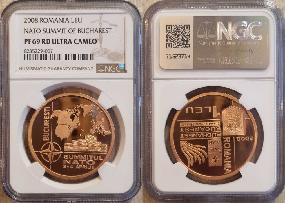 Moneda BNR 1 leu tombac Summitul NATO gradata NGC PF 69 UC