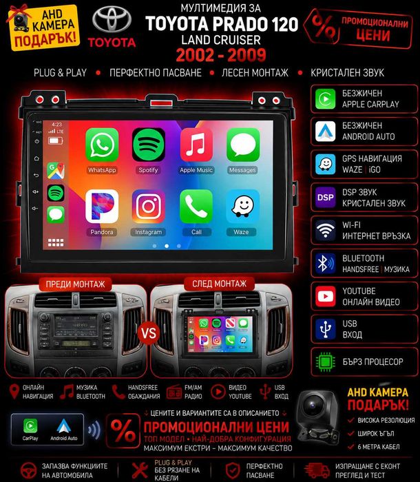 Мултимедия, Навигация Toyota Prado 120, Land Cruiser, Android, Ланд Крузер, Carplay, Waze, Андроид
