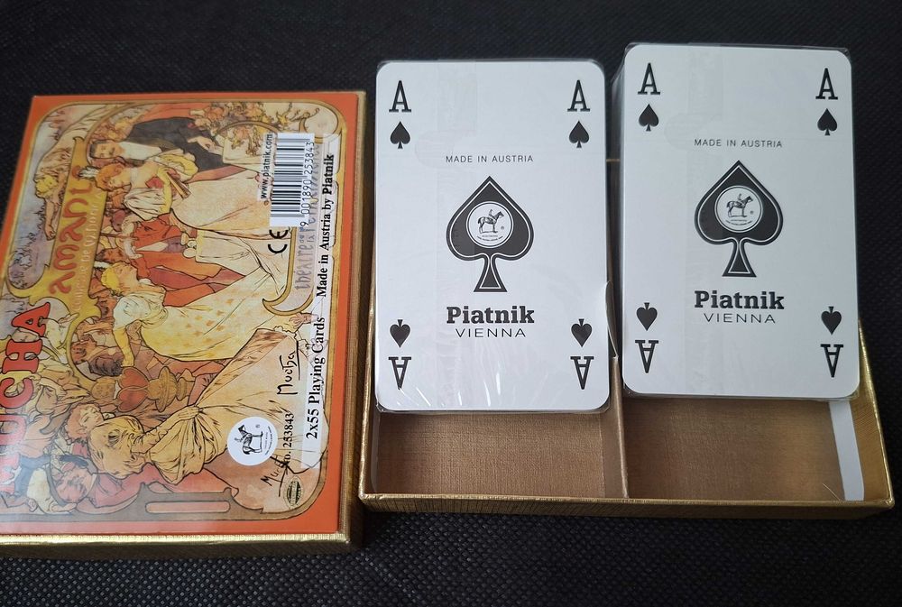 Винтидж колекционерски карти за игра PIATNIK, Австрия, 2 колоди, Алфонс Муха