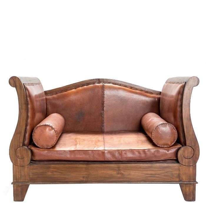 Диван две места от естествена кожа и тиково дърво - ID ICS-160B