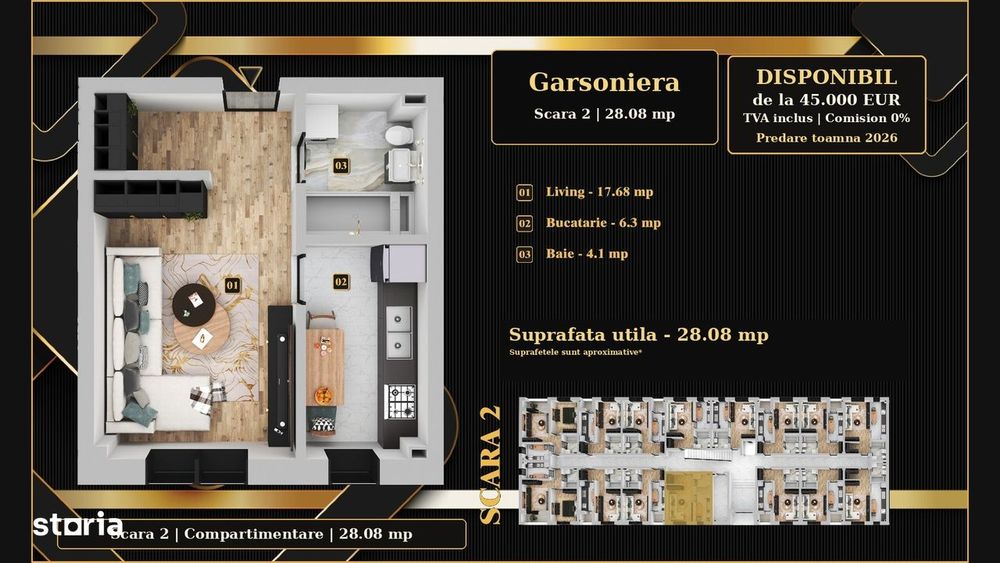 Garsoniera 28,08mp in Chiajna, de la 45.000€, TVA inclus, 0% comision
