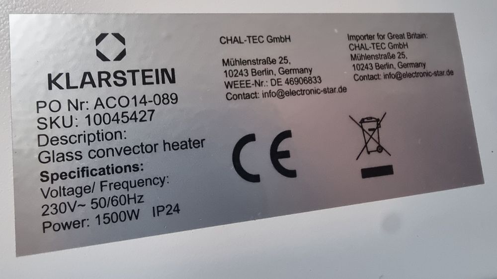 Стъклен конвектор Klarstein 1500w