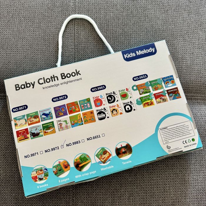 Set 6 carti fosnaitoare pt recunoastere elemente si dezvoltare cognitiva material textil Kids Melody