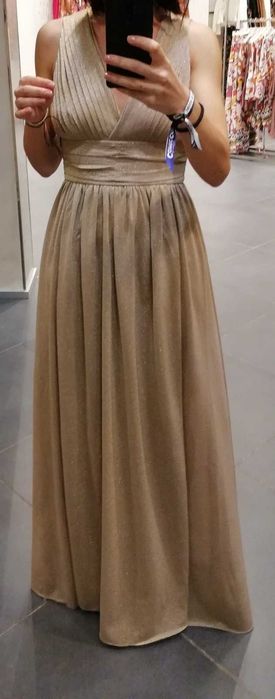 Rochie eleganta de nunta lunga, crem cu sclipici