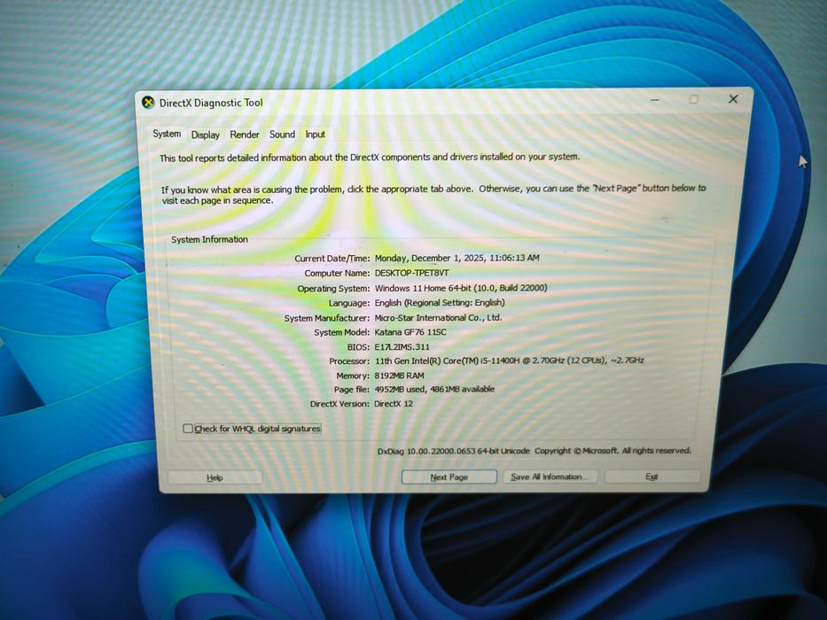 laptop gaming MSI 17.3" katana GF76 i5 11400H 8gb gtx 1650