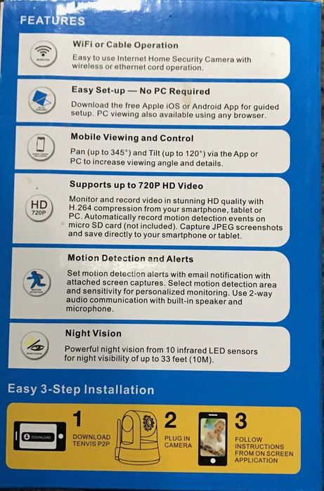 IP камера бебефон Tenvis IP ROBOT 3 720P 3.6мм обектив WLAN, H.264, IR