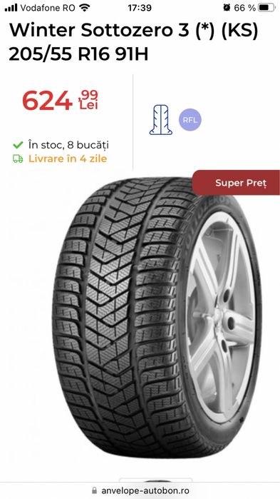 1 anvelopa de iarna 205 55 16 pirelli sottozero 3 runflat nou!