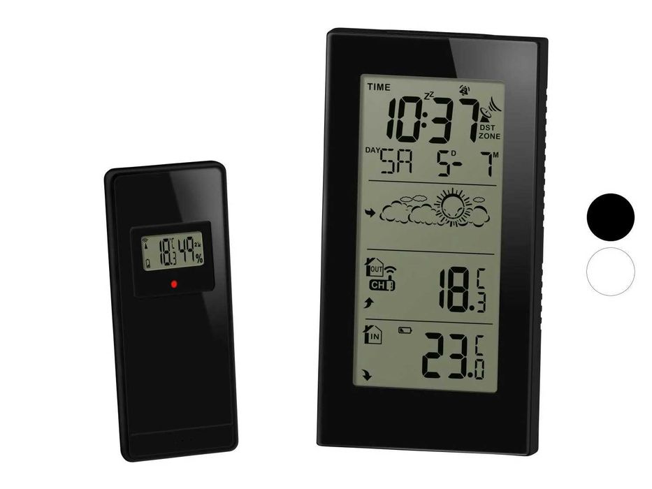 Termometru interior exterior, stație meteo wireless, ceas radiocomandat, culoare neagra; nou, sigilat, realizat Germania; performant calitate premium